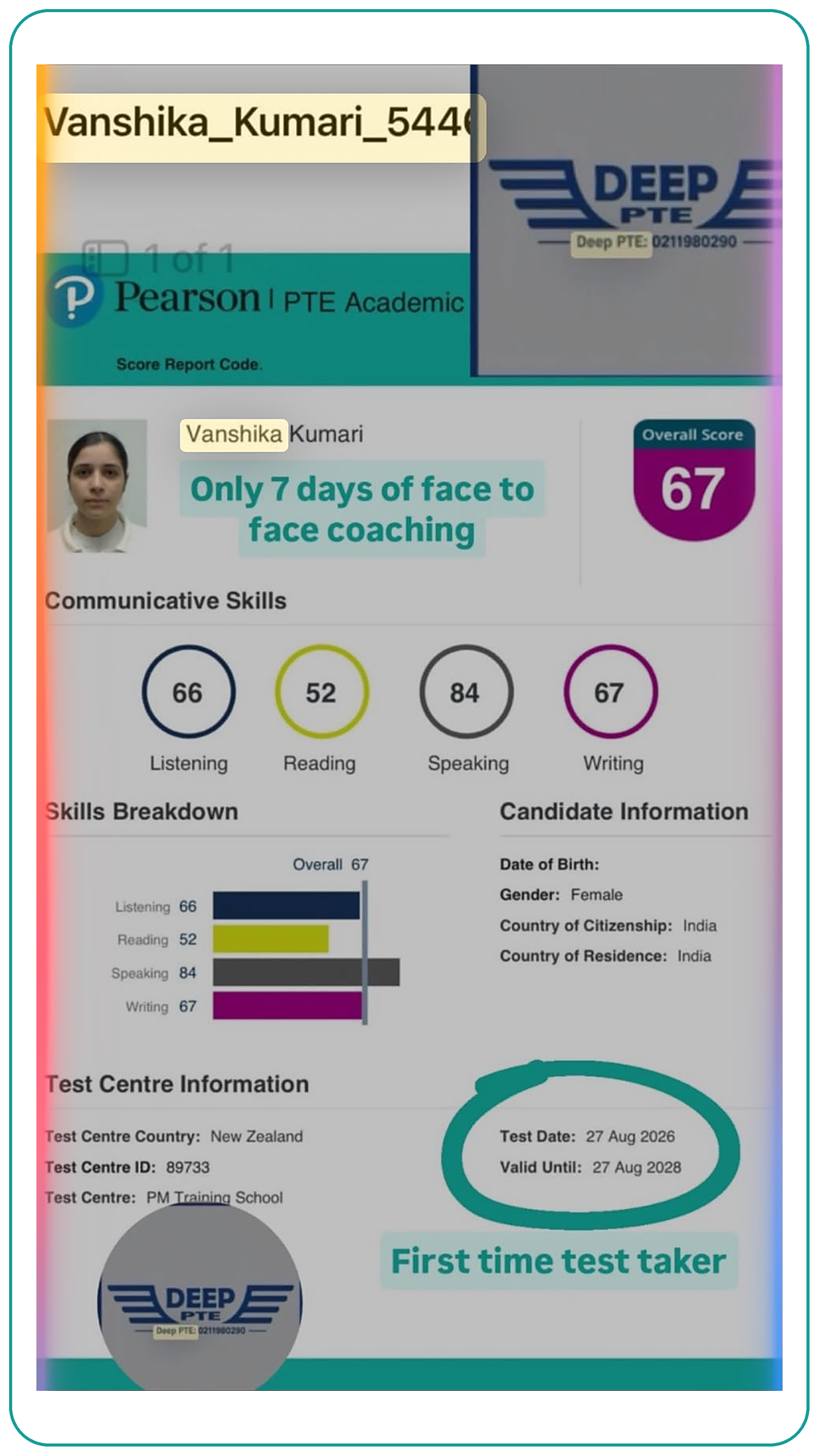 Student Result of Deep PTE